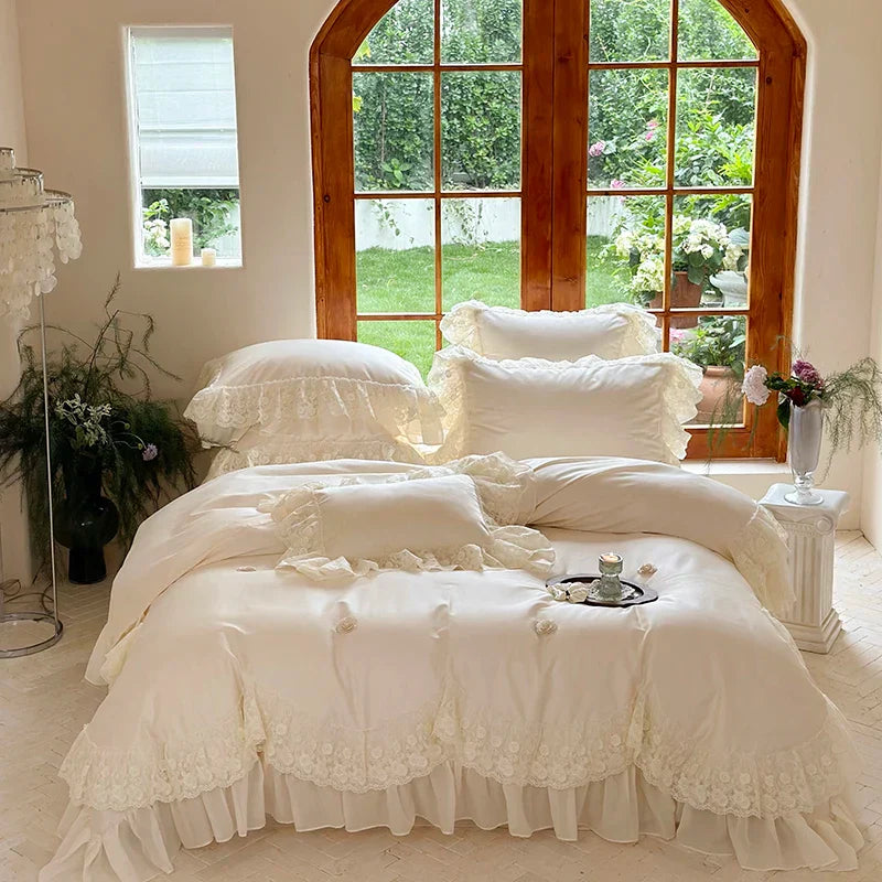 Decobites Princess Wedding Luxury Bedding Set 1200TC Egyptian Cotton Lace Ruffles Flowers Embroidery