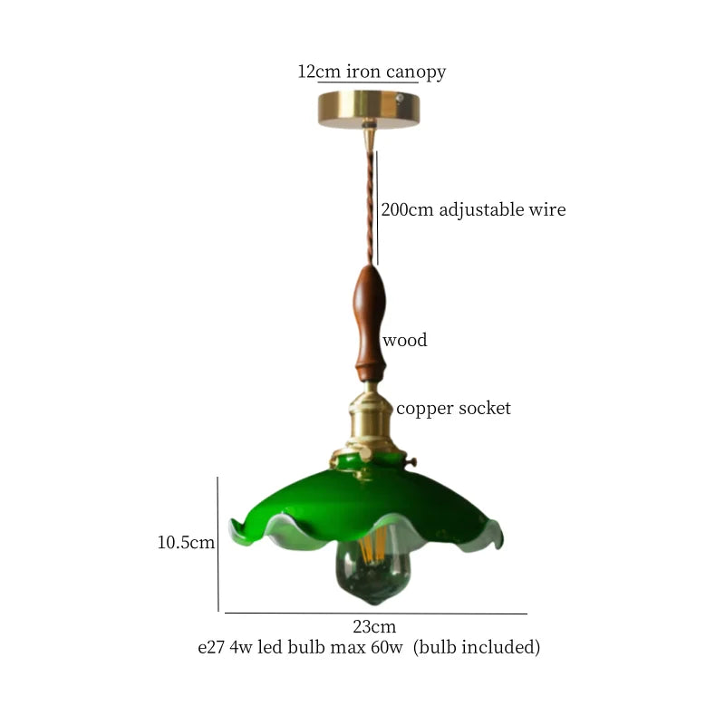 Green Glass Pendant Lamp Copper Base LED Included