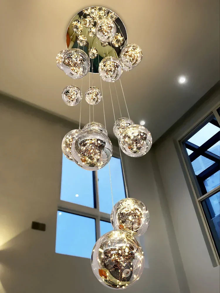 DecorBites™ Glass Chandelier: Gold LED Staircase Lighting, Minimalist Design