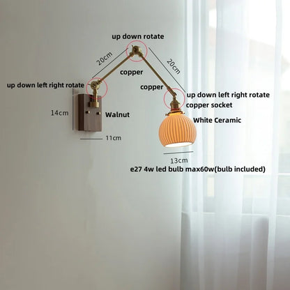 DecorBites™ Ceramic Ball Brass Walnut Wood Wall Light with Pull Chain Switch