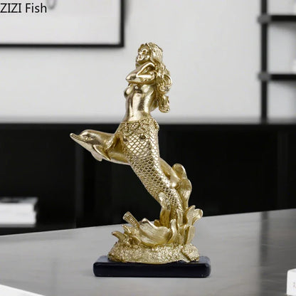DecorBites™ Gold-plated Mermaid Statue Resin Sculpture Room Decor Marine Organism Ornament