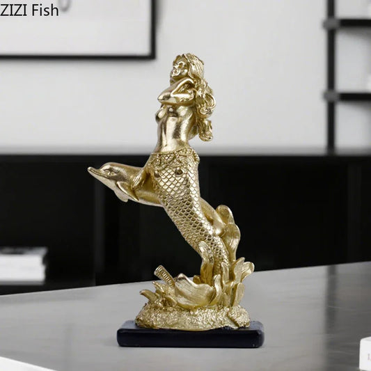 DecorBites™ Gold-plated Mermaid Statue Resin Sculpture Room Decor Marine Organism Ornament