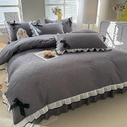 DecorBites™ Lace Bow Bed Skirt Bedding Set in Romantic Solid Color for King Queen Double Sizes