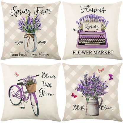 DecorBites™ Lavender Flower Linen Pillowcase for Sofa Car, Living Room Decor, Throw Pillow Case