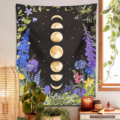 Decobites Moon Phase Purple Plant Star Floral Wall Tapestry