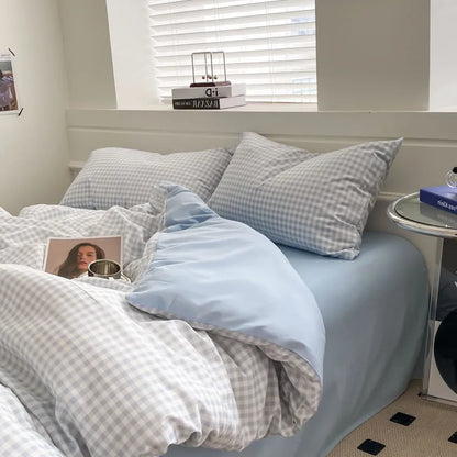 DecorBites™ Japanese Grid Printed Cotton Bedding Set in Queen/King for Cozy Sleep