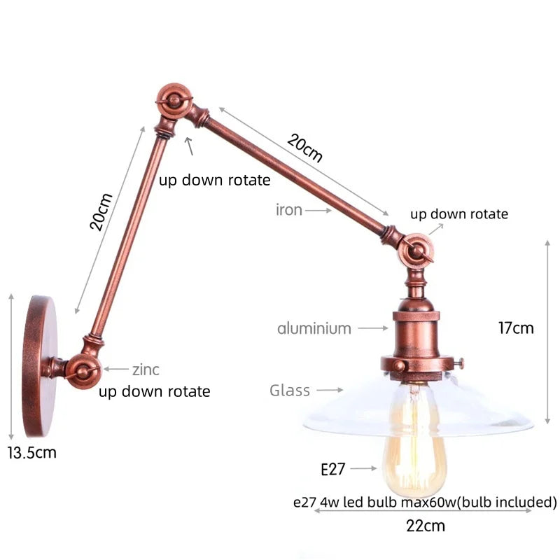 DecorBites™ مصباح حائط LED بذراع دوارة زجاجي قابل للتعديل مع مفتاح سلسلة سحب