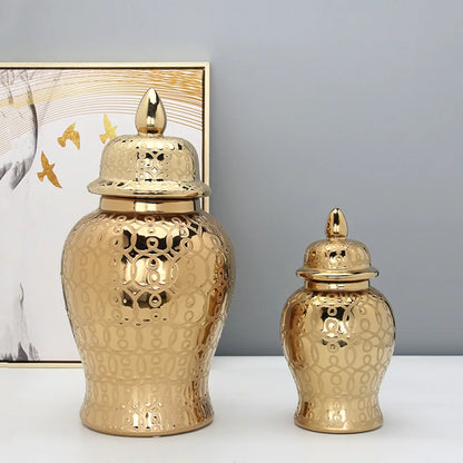 DecorBites™ Golden Pattern Porcelain Ginger Jar Vase with Lid for Home Decor