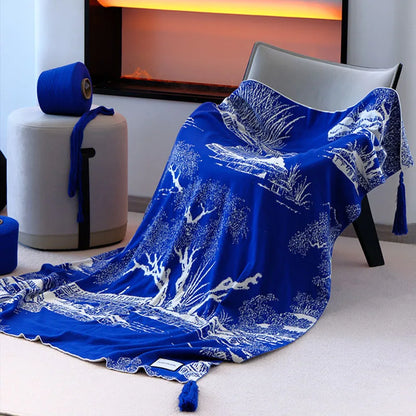 DecorBites™ Blue Knitted Sofa Blanket for All Seasons at Home