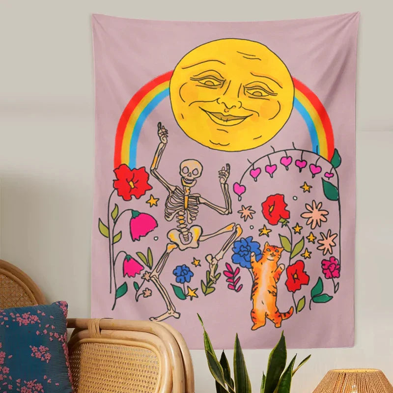 Flower Cats Moon Tapestry Wall Hanging Rainbow Carpet Tapestries for Boho Decor by Decobites