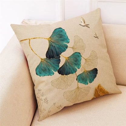 غطاء وسادة من الكتان بنقشة أوراق الجنكة من DecorBites™ للديكور المنزلي العصري وغرفة المعيشة