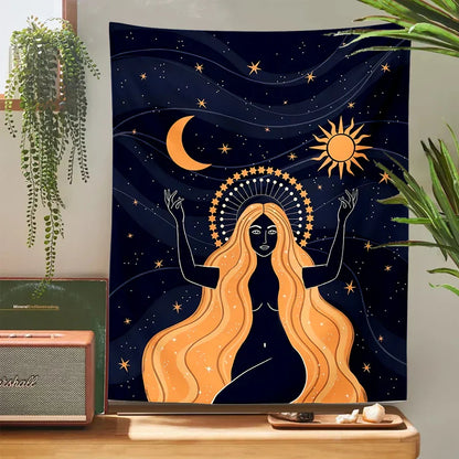 Moon Phase Girl Tapestry Wall Hanging Boho decor Decobites Witchcraft Tapestries Bedroom Girl's room