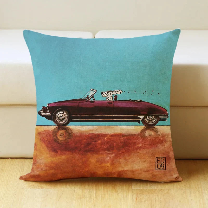 DecorBites™ Cartoon Dog Car Drive Pillow Cover 45x45cm Linen Sofa Home Decor