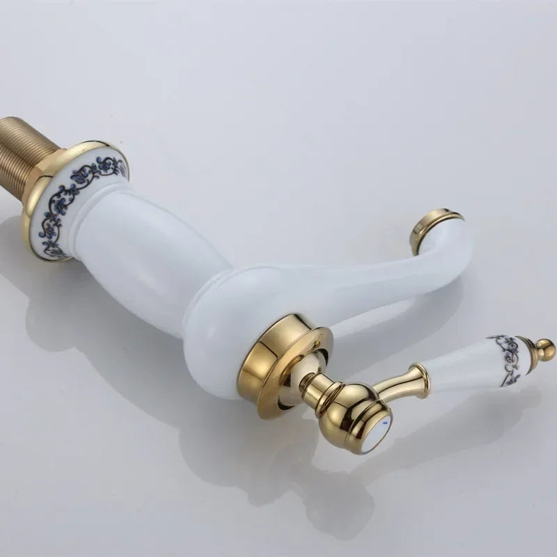DecorBites™ High Quality White Ceramic Basin Faucet with Golden Finish