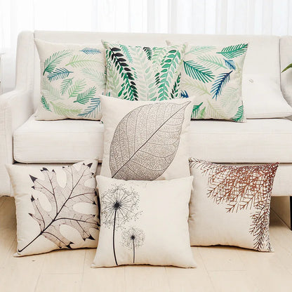 DecorBites™ Green Plant Leaves Flower Linen Cushion Cover - Modern Sofa Throw Pillow Cover