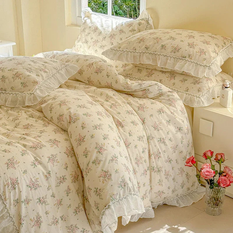 Decobites Floral Lace Ruffle Cotton Bedding Set with Quilt Cover, Duvet Cover, and Pillowcases