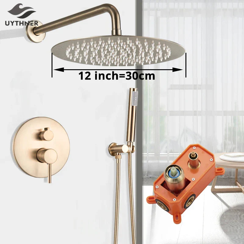 DecorBites™ Gold Shower Faucet with Rainfall Head and Hand Sprayer - Wall Mount Mixer Set