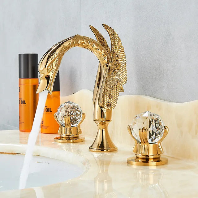 DecorBites™ Gold Swan Basin Faucet - Dual Crystal Handle Bathroom Mixer Tap - Cold/Hot Water
