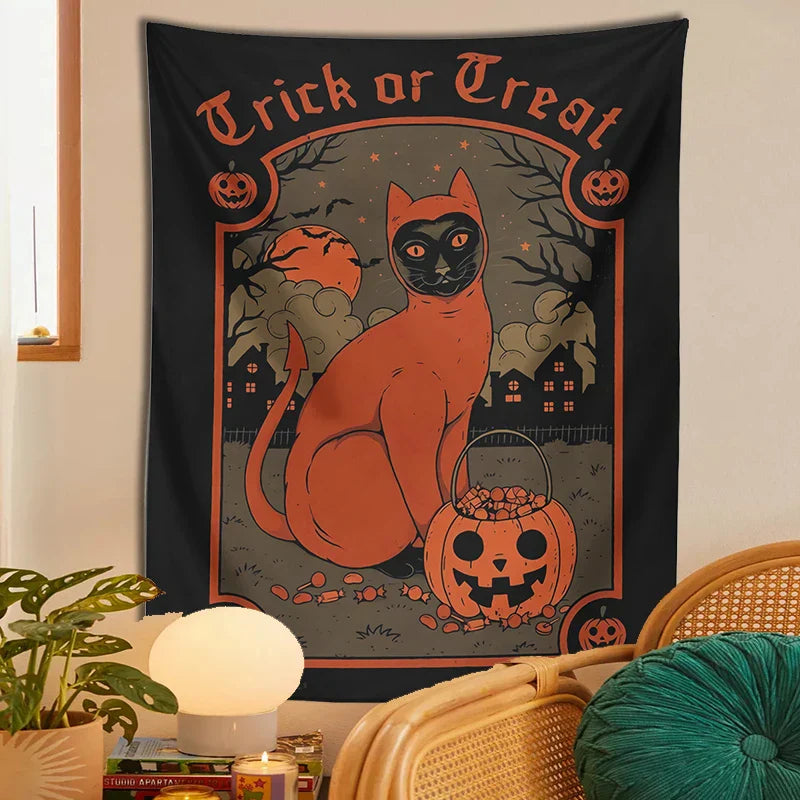 Decorbites™ Tapiz de gato de Halloween colgante de pared para decoración hogareña dulce y espeluznante