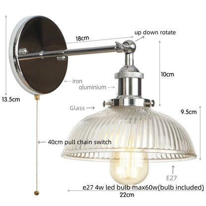Decorbites™ Glas-Industrie-LED-Wandleuchte mit Zugschalter, Vintage-Nachttischlampe