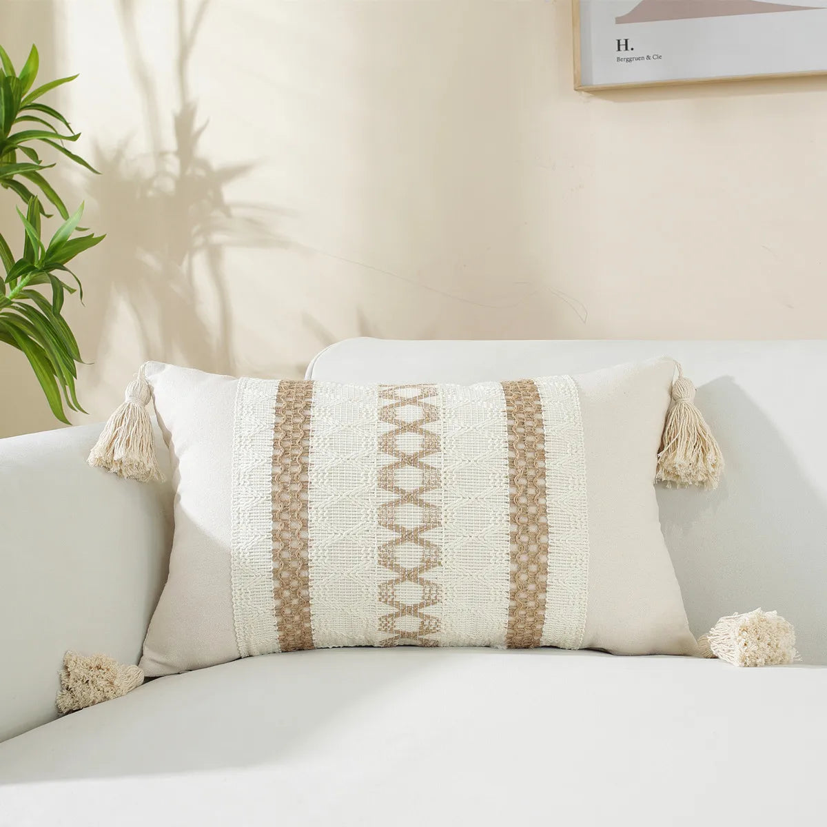 DecorBites™ Linen Stripe Diamond Woven Cushion Cover 45x45cm with Tassels