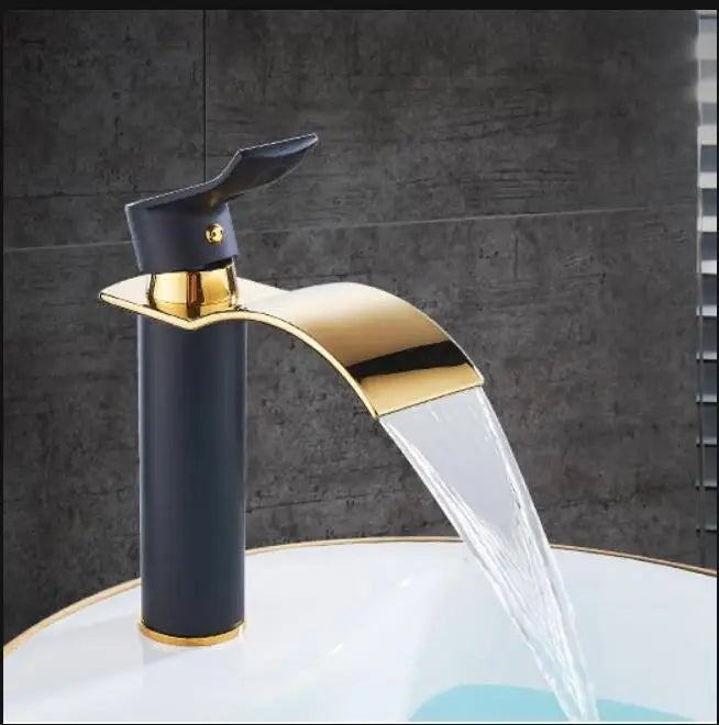 DecorBites™ Gold and White Waterfall Bathroom Basin Faucet Mixer Tap Hot Cold Sink