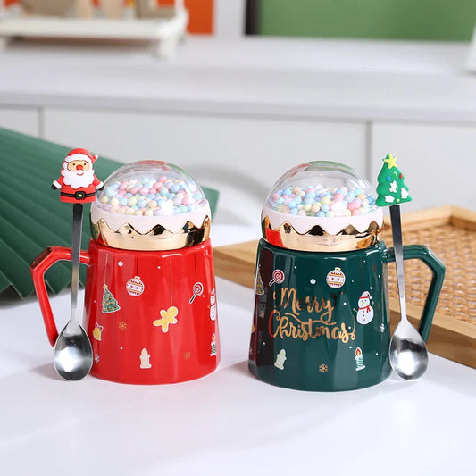 DecorBites™ Christmas Planet Ceramic Mug with Lid, Spoon - Xmas Gift Cofee Cup