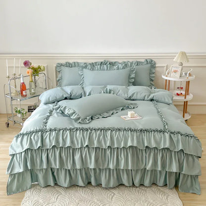 DecorBites™ Lace Ruffle Princess Bedding Set with Bed Skirt & Pillowcases