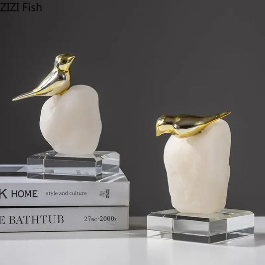 DecorBites™ Golden Bird Statue Crystal Base Desk Ornament, Gold-plated Modern Home Decoration