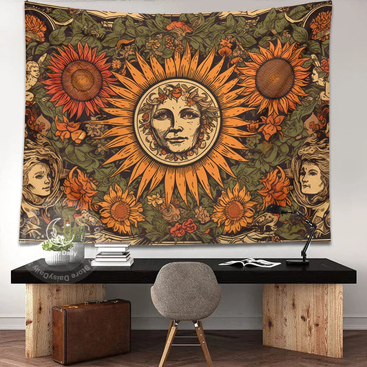 Sunflower Tapestry Wall Hanging Retro Bohemian Floral Decor Cloth by Decobites