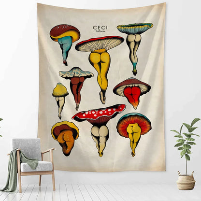 Decobites Cactus & Mushroom Girl Tapestry - Hippie Boho Psychedelic Wall Art Decor