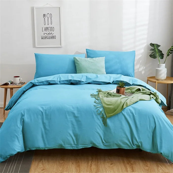 DecorBites™ Cotton 4pcs Bedding Set Double Queen Solid Color Duvet Cover Flat Bed Sheet