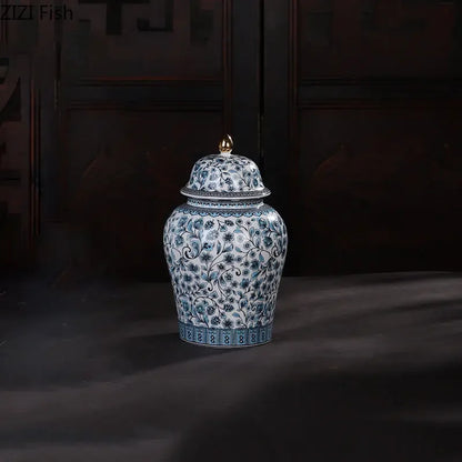 DecorBites™ Blue White Ceramic Enamel General Jar Tea Canister Desk Flower Texture Pot