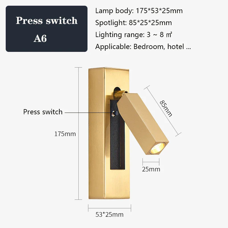 DecorBites™ Black Brass Wall Sconce with USB Port and Switch, 3W Spotlight for Bedroom