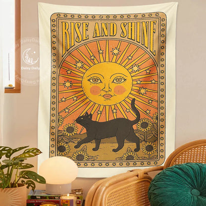 Sun Cat Tarot Tapestry by Decobites: Vintage Boho Wall Art for Witchcraft and Hippie Decor