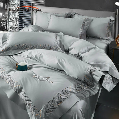 Decobites Zebra Print Embroidery Bedding Set 800TC Egyptian Cotton Grey Orange, Duvet Cover Flat Sheet Pillowcases