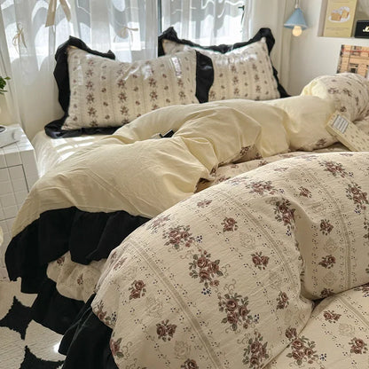 Juego de funda nórdica DecorBites™ de algodón lavado francés con estampado floral de princesa - Ropa de cama floral de primavera