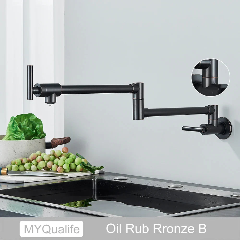 DecorBites™ Brushed Gold Brass Pot Filler Faucet with Folding Spout - Wall Mounted Kitchen Tap