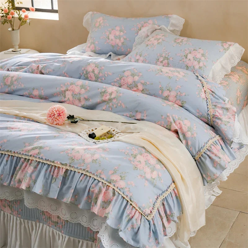 Decobites Pure Cotton Floral Quilted Bedding Set with Lace Ruffles