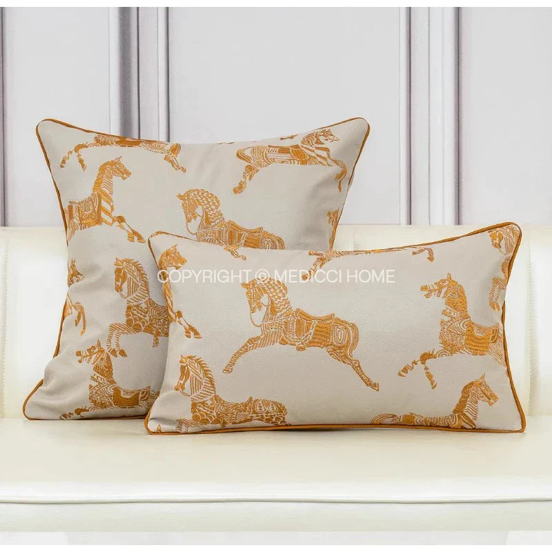 DecorBites™ Gold Faux Silk Horses Jacquard Cushion Cover, Soft Chinese Style Throw Pillow Case