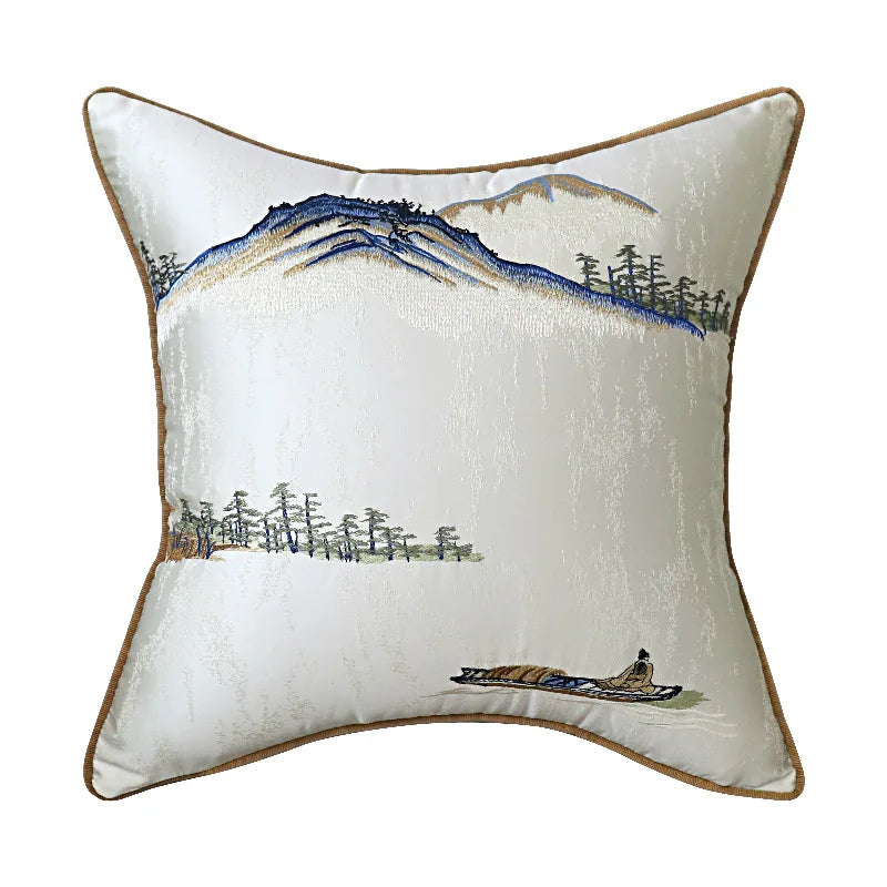 DecorBites™ Chinese Ancient Art Chinoiserie Landscape Embroidered Lumbar Pillow Cover