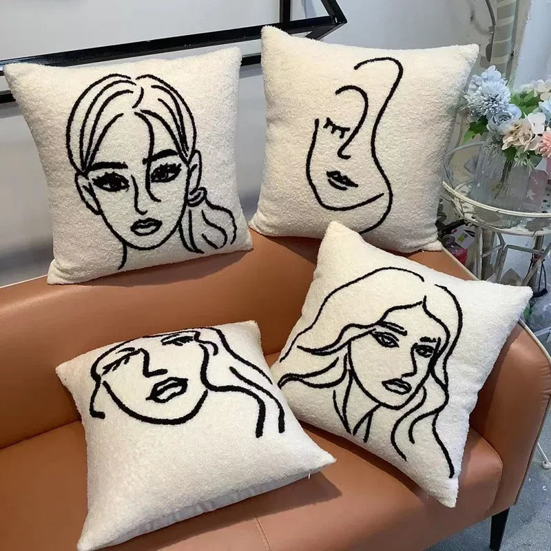 DecorBites™ Lambswool Face Embroidered Cushion Cover 45x45 - Beige White Abstract Art Pillowcase