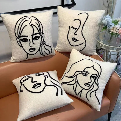 DecorBites™ Lambswool Face Embroidered Cushion Cover 45x45 - Beige White Abstract Art Pillowcase