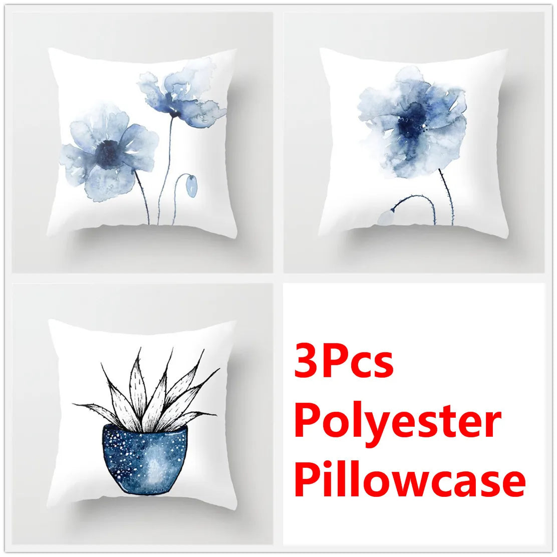 مجموعة أغطية وسائد DecorBites™‎ بنقشة زهور الحبر الأزرق - طقم ثلاثي من أغطية الوسائد للأريكة على الطراز الشمالي لتزيين المنزل