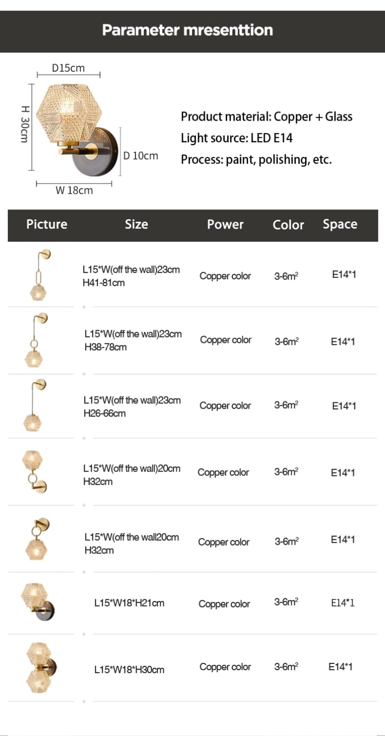 Copper-colored postmodern luxury led wall lamp featuring a hexagonal textured glass shade and an led e14 bulb for bedroom lighting.