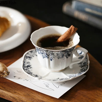 DecorBites™ Grey Blue Rose Ceramic Cup & Saucer Set, Classical Mugs for Dining Table and Coffee Mug