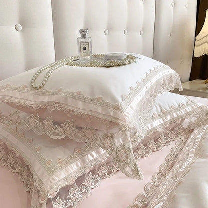 DecorBites™ French Lace Flowers Embroidery Wedding Bedding Set 1200TC - Luxurious and Romantic Cotton Duvet Cover Set