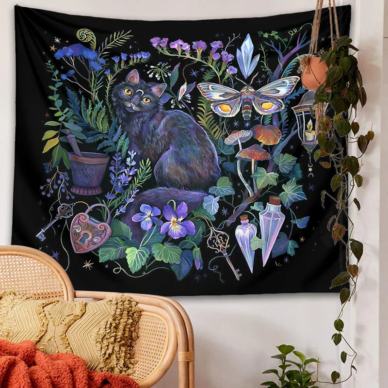 Boho Garden Tapestry Moon Moth Psychedelic Botanical Wall Hanging by Decobites.