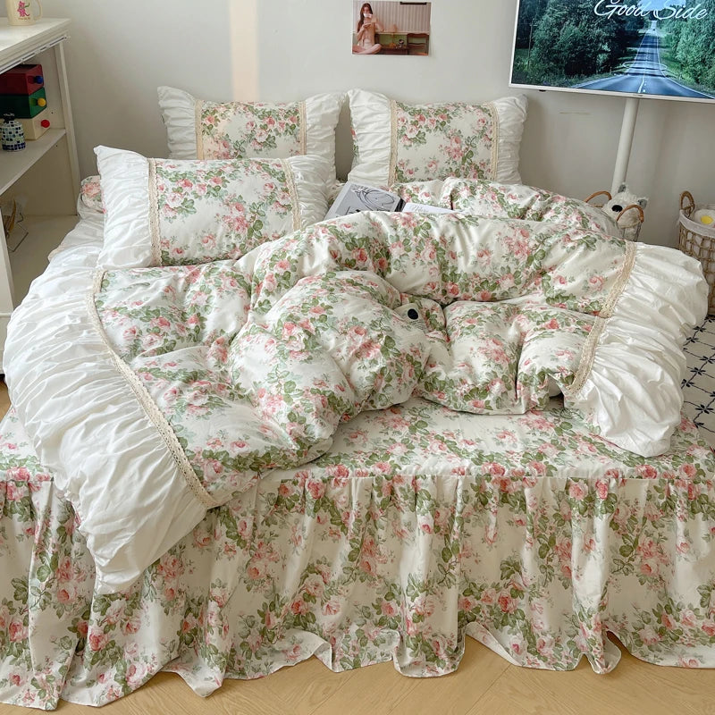 Decobites Korean Princess Flowers Bedding Set - Duvet Cover, Bed Skirt, Pillowcases