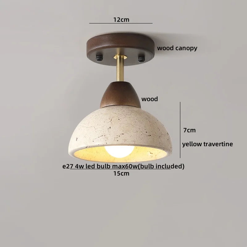 DecorBites™ Japan Style LED Ceiling Light Yellow Travertine Stone Wood Base Bedroom Luminaire.